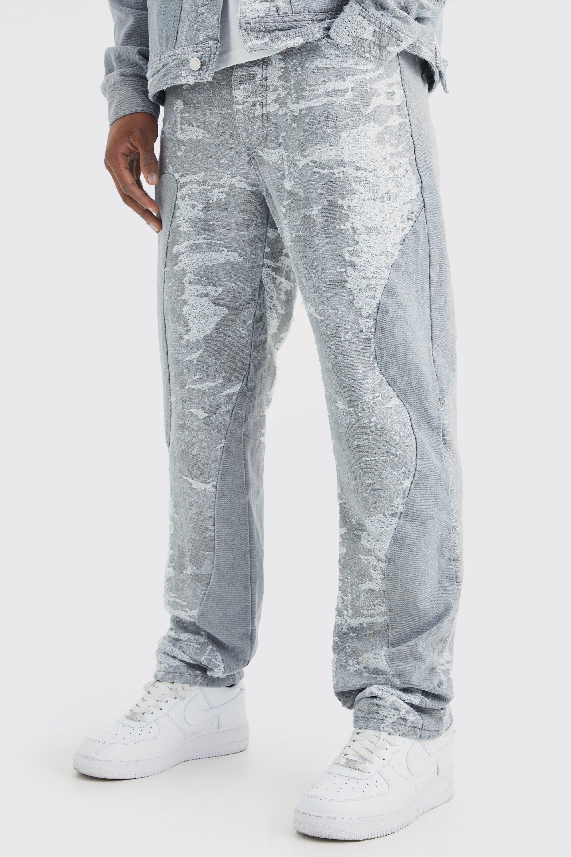 Mens Grey Straight Fit Spliced Jacquard And Denim Jean, Grey